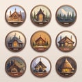 Set of wooden church icons in retro style. Vector illustration for your design Royalty Free Stock Photo