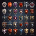 Shields, badges and emblems set isolated on black background Royalty Free Stock Photo