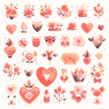 Valentine\'s Day vector icon set with hearts and flowers isolated on white background Royalty Free Stock Photo