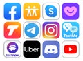 New icons of popular social media Apps such as: Facebook, Find My Friends, Badoo Dating, Skype, Telegram, Instagram, TextMe and Royalty Free Stock Photo