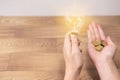 New idea concept, young women hand holding light bulb and coins on wooden backgrounds and new idea concept save power to save the. Royalty Free Stock Photo
