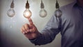 New idea creative idea.Concept of idea and innovation.Hand touch Light blub Royalty Free Stock Photo