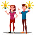New Idea, Happy Teenager Guy, Girl With Bulb Over Head Vector. Isolated Illustration