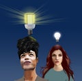 New Ideas--A modern LED light bulb shines brightly over the head of woman with a brilliant idea. The new bulb illustrates new Royalty Free Stock Photo