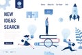 New ideas search landing page template. Businesspeople holding big idea bulb. Male boss or chief thinking