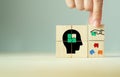 New ideas, sharing, creative thinking, mental health concept. Mental health day. Wooden cubes isolated brain with jigsaw puzzle pi Royalty Free Stock Photo