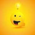 New Ideas - Smiling and Winking Emoji Showing Thumbs Up - Simple Shiny Happy Emoticon with Light Bulb on Yellow Background Royalty Free Stock Photo
