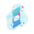 New incoming message isometric concept, 3d Email Mobile notification. New e-mail on smartphone screen. Social network