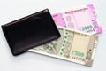 New Indian currency of 2000 and 500 rupee notes into the money purse. Royalty Free Stock Photo