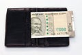 New Indian currency of 500 rupee notes into the money purse. Royalty Free Stock Photo