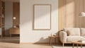 Modern living room featuring a beige color palette. A blank wooden-framed canvas is on a light-colored wall Royalty Free Stock Photo