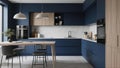Modern kitchen interior featuring sleek, dark blue cabinets and integrated appliances Royalty Free Stock Photo