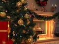 New interior with Christmas tree, presents and fireplace. Postcard. Royalty Free Stock Photo