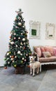 New interior with Christmas tree and reindeer Royalty Free Stock Photo