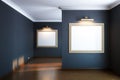 New interior gallery with wooden parquet and empty frames and lighters