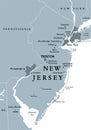 New Jersey, NJ, gray political map, The Garden State Royalty Free Stock Photo