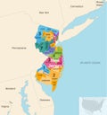 New Jersey state counties colored by congressional districts vector map with neighbouring states and terrotories Royalty Free Stock Photo