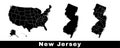 New Jersey state map, USA. Set of New Jersey maps with outline border, counties and US states map. Black and white color Royalty Free Stock Photo