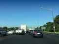 New Jersey Turnpike at rush hour on Summer day. Lots of traffic.