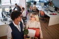 New, job, beginning, enthusiastic, business, casual, modern open space office concept. male colleague wishing welcome to a new Royalty Free Stock Photo