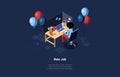 New Job Concept Illustration. Isometric Vector Composition In Cartoon 3D Style. Character Sitting At Workplace, Baloons Royalty Free Stock Photo