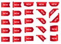 New labels. Promotion red curved paper tapes, new price tag. Shopping, newest product red ribbon banner, silk scarlet