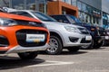 New Lada cars of different models are in front of the showroom SCS Lada Voronezh