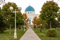 New large white mosque in the summer with two minarets against a cloudy sky. Mosque Minor , Tashkent, Uzbekistan. Royalty Free Stock Photo