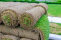 New lawn rolls of fresh grass turf ready to be used for gardening Royalty Free Stock Photo