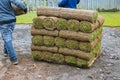 New lawn rolls of fresh grass turf ready to be used for gardening Royalty Free Stock Photo