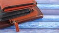 New leather multicolored wallets on blue background