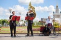 New Life Brass band, orchestra performs music, wind and percussion musical instruments players, musicians play trumpets Royalty Free Stock Photo