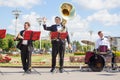 New Life Brass band, orchestra performs music, wind and percussion musical instruments players, musicians play trumpets Royalty Free Stock Photo