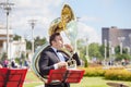New Life Brass band, wind musical instrument player, orchestra performs music, man musician plays big sousaphone, trumpeter