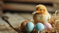 New life emerges amidst Easter celebrations a newborn chick gazes out from a nest of painted eggs. Copy space
