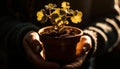 New life grows in pottery, held by human hand outdoors generated by AI