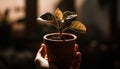 New life grows in woman hand, nurturing nature indoors generated by AI