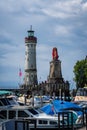 New Lindau Lighthouse and wrapped Bavarian Lion Sculpture at the Lindau harbour next to the Bodensee in Bavaria, Germany