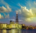 New London city hall at dusk, panoramic view from river. Royalty Free Stock Photo