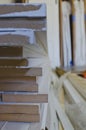 A long stack of MDF boards in the warehouse Royalty Free Stock Photo