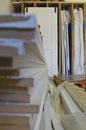 A long stack of MDF boards in the back shop Royalty Free Stock Photo