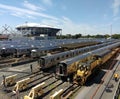 Transit Worker Walks in Corona Rail Yard, Louis Armstrong Stadium Under Construction Aside Arthur Ashe Stadium, NYC, NY, USA Royalty Free Stock Photo