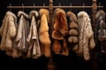 New luxurious fur coats and stoles hanging at storefront. Generative AI