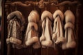 New luxurious fur coats and stoles hanging at storefront. Generative AI