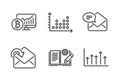 New mail, Engineering documentation and Dot plot icons set. Bitcoin chart, Receive mail and Growth chart signs. Vector