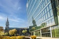 The New Maison Radio-Canada and the Sainte-Brigide de Kildare church in Montreal Royalty Free Stock Photo