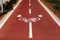 New marking bike path. White bicycle symbol and two oposite arrows on red asphalt lane, road. Bicycle path in the city Royalty Free Stock Photo