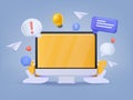 New messages on desktop computer screen. Empty screen mockup. Messenger 3D concept cartoon icon render. Social media