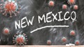 New mexico and covid virus - pandemic turmoil and New mexico pictured as corona viruses attacking a school blackboard with a