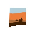 New Mexico State Shape with Farm at Sunset w Windmill, Barn, and